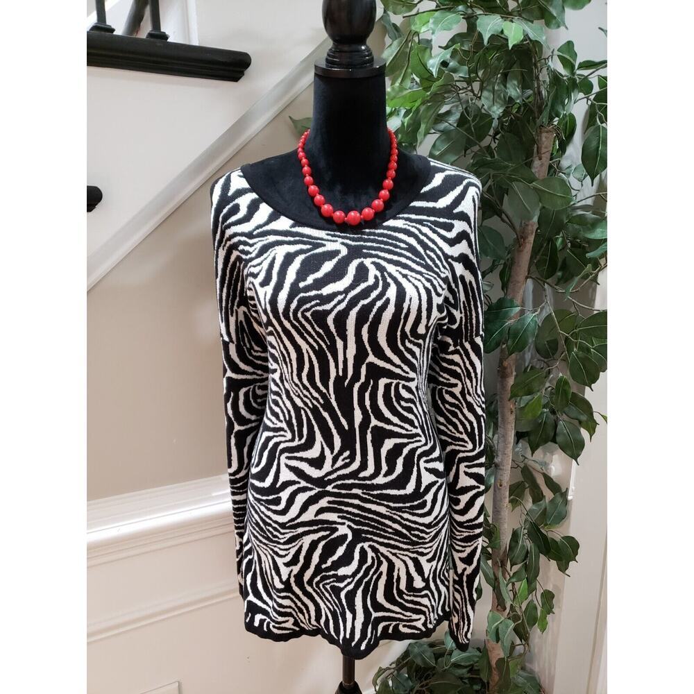 Est. 1946 Womens Black Animal Print Cotton Round Neck Long Sleeve Sweater Large